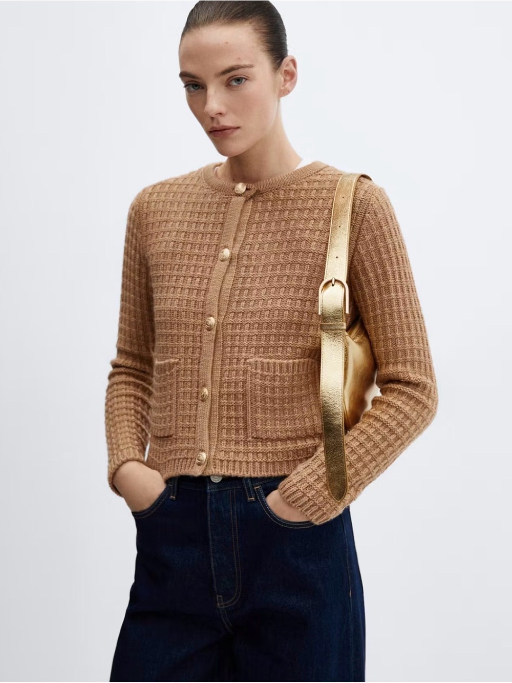 Mango Tan Chunky Knit Wool Blend Cardigan Gold Buttons Size Small